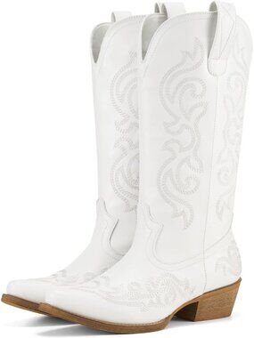 Women's Western Cowgirl Boots White Chunky Heel Ladies Snip Toe Mid-Calf Boots